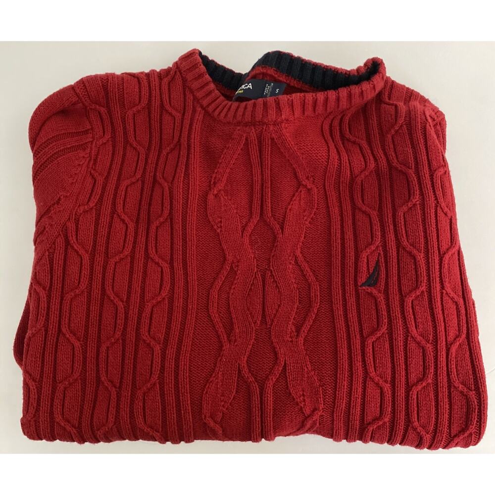 Nautica Women’s Red Cable Knit Cotton Sweater, Small, Holiday Christmas Warm